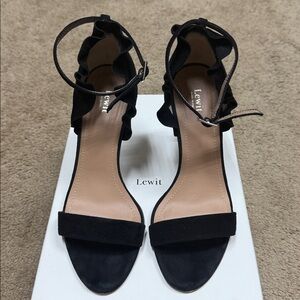 Lewit Regina Black Ruffle Ankle Strap Heels